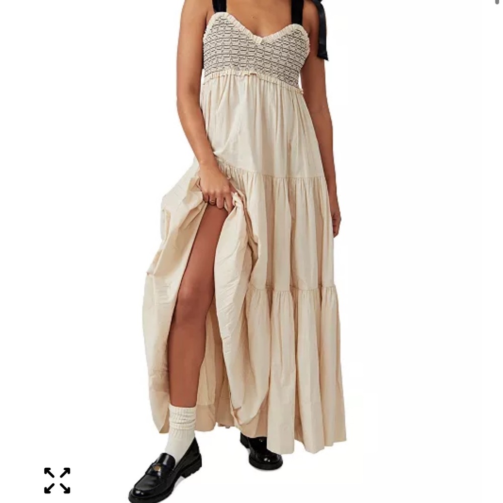 Free People Cream Tiered Maxi Dress with Black Shoulder Ties